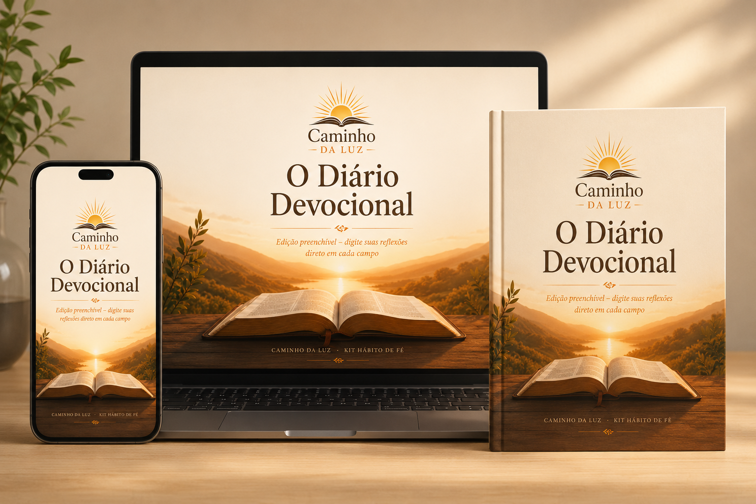 Kit Hábito de Fé — Caminho da Luz, no celular, notebook e impresso